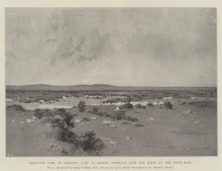 Vogelperspektive von Jamesons Lager in Pitsani Pothlugo vom Kopje im Südosten